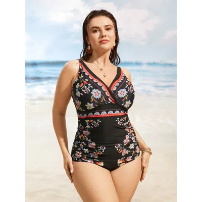 Bloomchic Women's Plus Size Boho Print Surplice Neck Ruched One Piece Swimsuit Black Ethnic Floral Ruched Adap