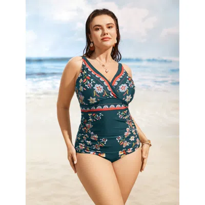 Bloomchic Women's Plus Size Boho Print Surplice Neck Ruched One Piece Swimsuit Cyan Ethnic Floral Ruched Adapt In Blue