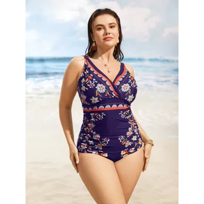 Bloomchic Women's Plus Size Boho Print Surplice Neck Ruched One Piece Swimsuit Indigo Ethnic Floral Ruched Ada In Purple