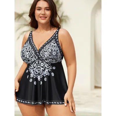 Bloomchic Women's Plus Size Boho Print Surplice Neck Swim Top Black Ethnic Floral Sleeveless Non Adaptive-fit 