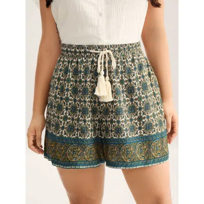 Bloomchic Women's Plus Size Boho Print Tassel Straight-leg Shorts Emerald Vacation Wide Leg Drawstring Shorts  In Green
