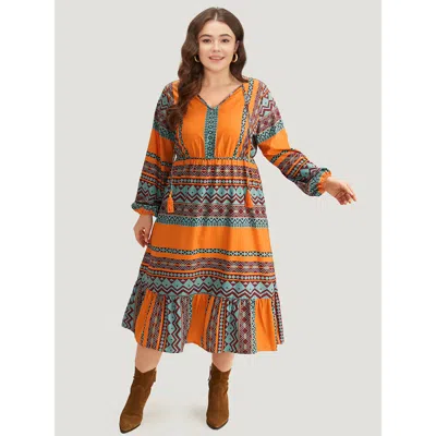 Bloomchic Women's Plus Size Boho Print Tassel Tie Neck Dress Orangered Dailywear Elastic Cuffs 12/l