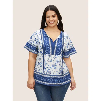 Bloomchic Women's Plus Size Boho Print Tie Knot Ruffle Sleeve Blouse Aegean Bohemian Print Vacation Short Slee In Blue