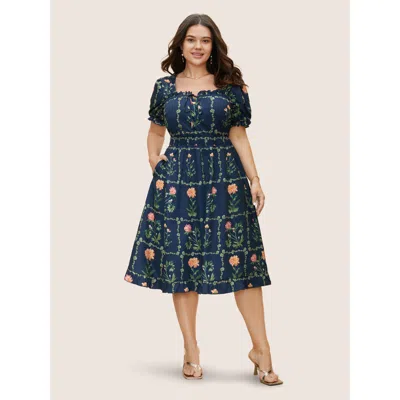 Bloomchic Women's Plus Size Boho Print Tie Knot Shirred Lantern Sleeve Dress Indigo Floral Midi Elegant Ruffle In Purple