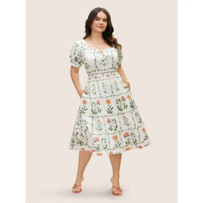 Bloomchic Women's Plus Size Boho Print Tie Knot Shirred Lantern Sleeve Dress Originalwhite Floral Midi Elegant