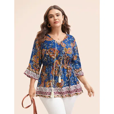 Bloomchic Women's Plus Size Boho Print Tie Knot Tassels Crisscross Blouse Darkblue Paisley Vacation 3/4 Sleeve In Blue