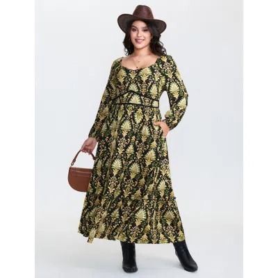 Bloomchic Women's Plus Size Boho Print Triangular Waist Shirred Maxi Dress Black Batik Print/jacquard Matrix M