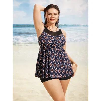 Bloomchic Women's Plus Size Boho Print Twist Front Patchwork Mesh Swim Top Indigo Bohemian Print Sleeveless Tw In Purple