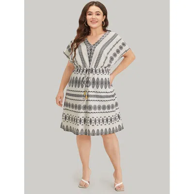 Bloomchic Women's Plus Size Boho Print V Neck Dolman Sleeve Drawstring Dress White Dailywear Elastic Waist 26/
