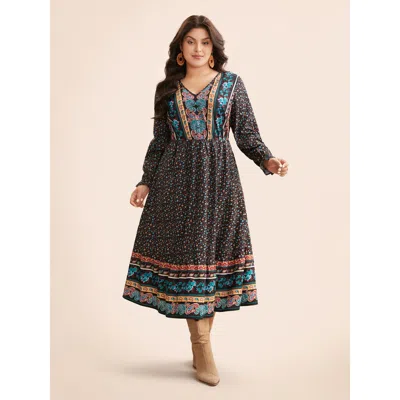 Bloomchic Women's Plus Size Boho Print V Neck Elastic Waist Dress Black Bohemian Print Midi Vacation Frill Tri