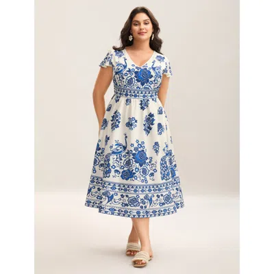 Bloomchic Women's Plus Size Boho Print V-neck Pockets Midi Dress Mediumblue Tropical Midi Vacation Smocked 12/
