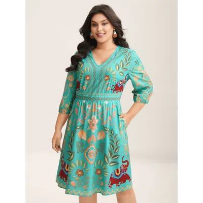 Bloomchic Women's Plus Size Boho Print V-neck Pockets Mini Dress Arctic Tropical Midi Vacation Non 22-24/3x In White