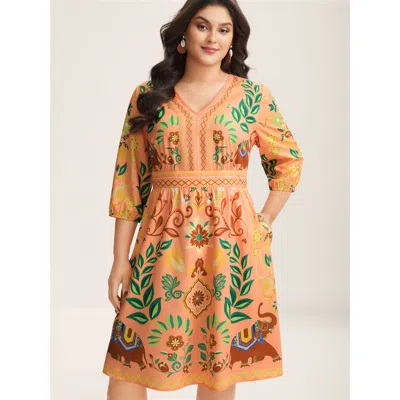 Bloomchic Women's Plus Size Boho Print V-neck Pockets Mini Dress Coral Tropical Midi Vacation Non 22-24/3x In Orange