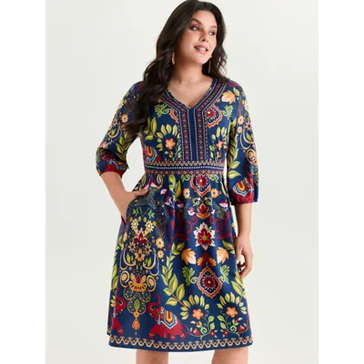 Bloomchic Women's Plus Size Boho Print V-neck Pockets Mini Dress Darkblue Tropical Midi Vacation Non 22-24/3x In Blue