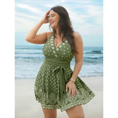 Bloomchic Women's Plus Size Boho Print Waist-tie Surplice Neck Swim Dress Greenbean Ethnic Floral Casual 10/m