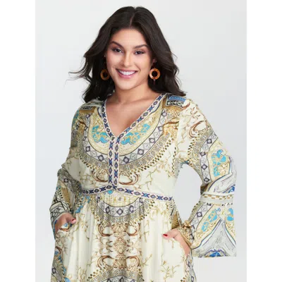 Bloomchic Women's Plus Size Boho Print Webbing Trim V-neck Maxi Dress Multicolor Geometric Maxi Vacation Ruche