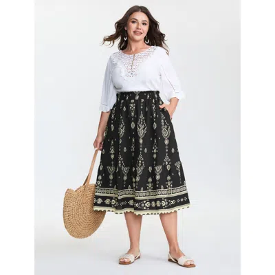 Bloomchic Women's Plus Size Boho Print Wide Waistband Midi Skirt Black Wide Waistband A-line Vacation 14-16/1x