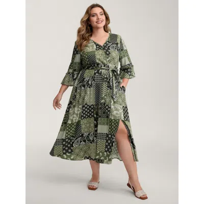 Bloomchic Women's Plus Size Boho Print Wrap Neckline Belted Maxi Dress Armygreen Geometric Midi Vacation 12/l