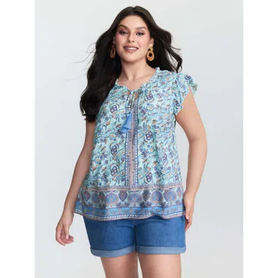 Bloomchic Women's Plus Size Boho Romance Bust-friendly Drawstring Blouse Mint Bohemian Print Vacation Cap Slee In Green