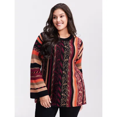 Bloomchic Women's Plus Size Boho Stripe Flared Sleeve Stretchy Pullover Black Not Graphics Long Sleeve Round N