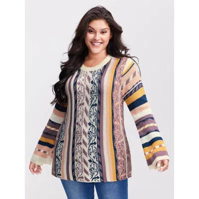 Bloomchic Women's Plus Size Boho Stripe Flared Sleeve Stretchy Pullover Ivory Not Graphics Long Sleeve Round N In White
