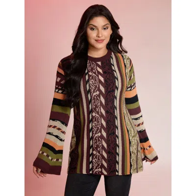 Bloomchic Women's Plus Size Boho Stripe Flared Sleeve Stretchy Pullover Plum Not Graphics Long Sleeve Round Ne In Purple
