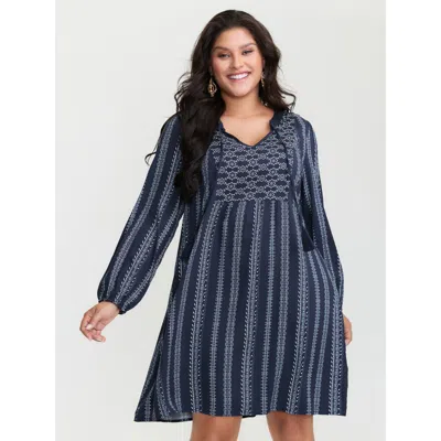 Bloomchic Women's Plus Size Boho Stripe Notched Collar Ties Midi Dress Darkblue Bohemian Print Short Vacation  In Blue