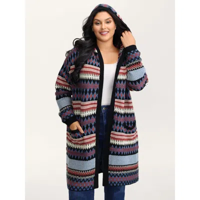 Bloomchic Women's Plus Size Boho Stripe Pockets Hooded Long Knit Cardigan Black Long Sleeve 14-16/1x