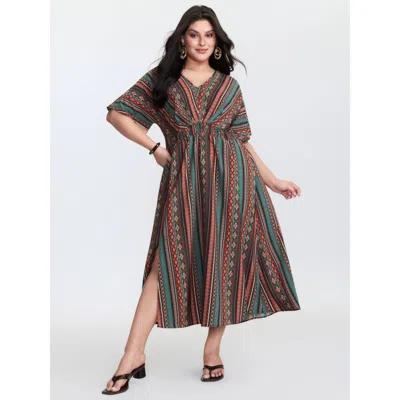 Bloomchic Women's Plus Size Boho Stripe Print Shirred Waist Midi Dress Multicolor Midi Vacation 22-24/3x