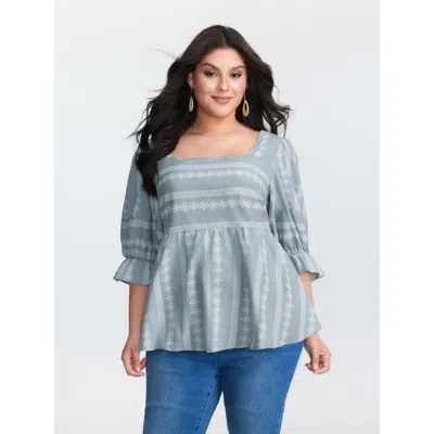 Bloomchic Women's Plus Size Boho Stripe Print Square Neck Blouse Lightblue Bohemian Print Vacation 3/4 Sleeve  In Blue