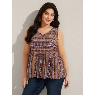 Bloomchic Women's Plus Size Boho Stripe Print V-neck Tank Top Indigo Vacation Fit & Flare V-neck 18-20/2x In Purple