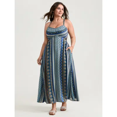 Bloomchic Women's Plus Size Boho Stripe Rayon Pockets Cami Maxi Dress Mediumblue Bohemian Print Maxi Vacation 