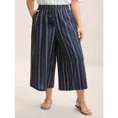 Bloomchic Women's Plus Size Boho Stripe Tassel Wide-leg Pants Indigo Stripes Straight Fit Mid Rise Vacation 10 In Purple