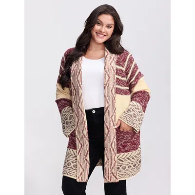 Bloomchic Women's Plus Size Boho Striped Jacquard Open-front Knit Cardigan Plum Long Sleeve 10/m In Purple