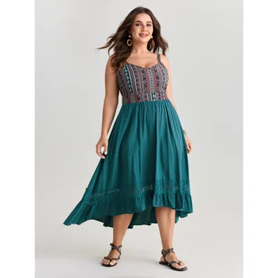 Bloomchic Women's Plus Size Boho Striped Lace Trim Midi Dress Cyan Ethnic Floral Tunic Vacation Patchwork 12/l In Blue