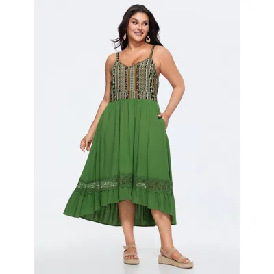 Bloomchic Women's Plus Size Boho Striped Lace Trim Midi Dress Truegreen Ethnic Floral Tunic Vacation Patchwork