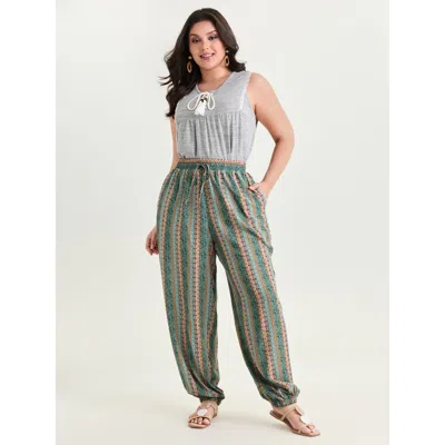 Bloomchic Women's Plus Size Boho Striped Print Drawstring Pants Malachitegreen Ethnic Floral Barrel Mid Rise V