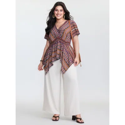 Bloomchic Women's Plus Size Boho Striped Print Handkerchief Hem Blouse Multicolor Ethnic Floral Vacation Short