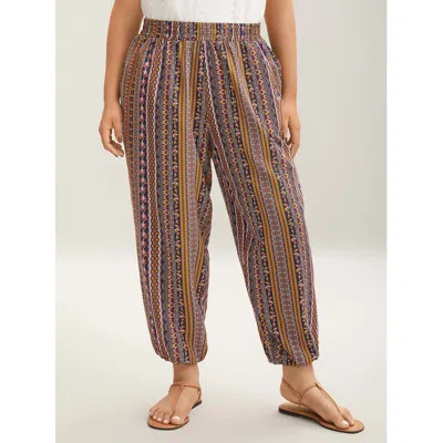 Bloomchic Women's Plus Size Boho Striped Split Jogger Pants Multicolor Ethnic Floral Jogger Mid Rise Vacation 