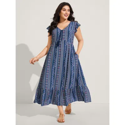 Bloomchic Women's Plus Size Boho Stripes High Waisted Maxi Dress Darkblue Paisley Midi Vacation Lace-up 10/m In Blue