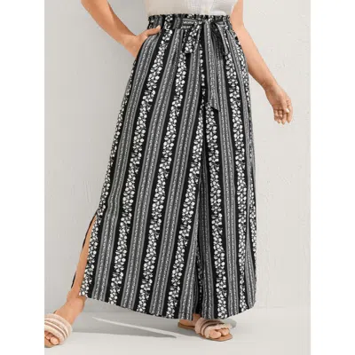 Bloomchic Women's Plus Size Boho Stripes Side Slit Wide-leg Pants Blackflower Bohemian Print Wide Leg Mid Rise