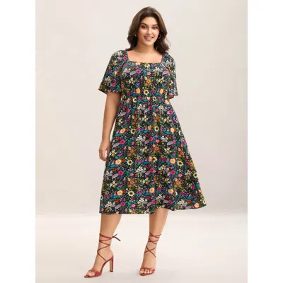 Bloomchic Women's Plus Size Bold Floral Print Pockets Midi Dress Black Ditsy Floral Midi Elegant Non 30/6x