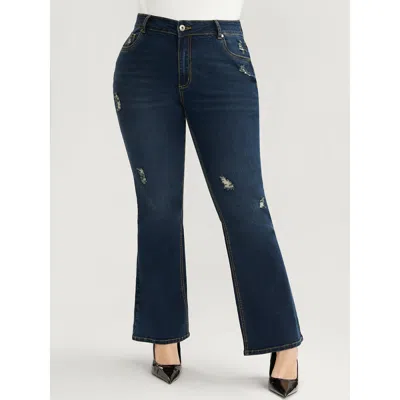 Bloomchic Women's Plus Size Bootcut Slightly Stretchy High Rise Dark Wash Distressed Jeans Darkblue Plain Plai In Blue