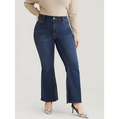 Bloomchic Women's Plus Size Bootcut Very Stretchy High Rise Dark Wash Split Hem Jeans Darkblue Plain Pocket Sl In Blue