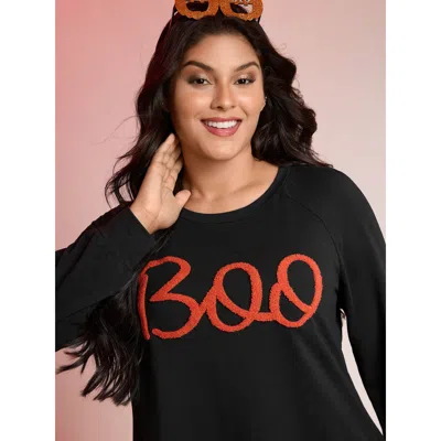 Bloomchic Women's Plus Size Boo-tiful Embroidery Towel Texture Sweatshirt Black Letter Casual 10/m