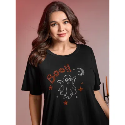 Bloomchic Women's Plus Size Boo-tiful Ghost Rhinestone Detail T-shirt Black Non Casual Short Sleeve 12/l