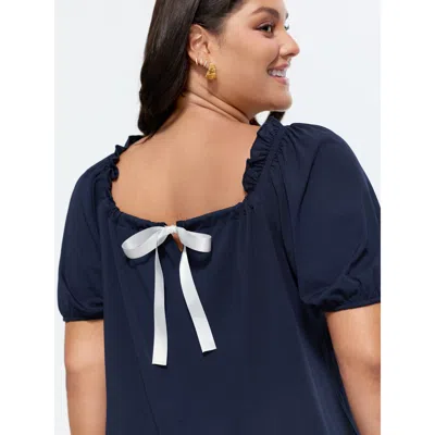 Bloomchic Women's Plus Size Bow Back Detail Puff Sleeve T-shirt Navy Solid Elegant Short Sleeve Square Neck 10 In Blue