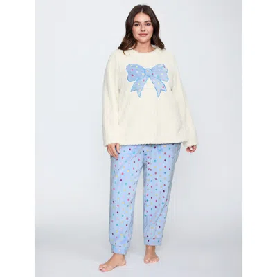 Bloomchic Women's Plus Size Bow Beautiful Applique Embroidery Lounge Top Beige Long Sleeve Round Neck 10/m In Sand