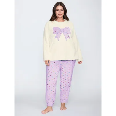 Bloomchic Women's Plus Size Bow Beautiful Applique Embroidery Lounge Top Lilac Long Sleeve Round Neck 12/l In Purple