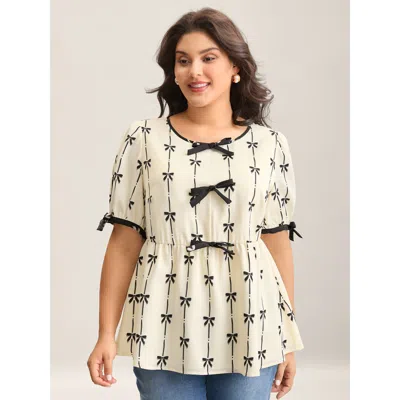 Bloomchic Women's Plus Size Bow Detail Printed Color Contrast Blouse Beige Else Elegant Short Sleeve Round Nec In Sand
